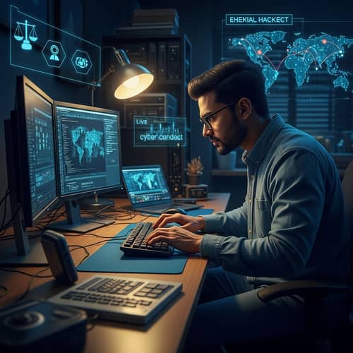 Ethical Hacker in Action: Cybersecurity Expert Working in Dimly Lit Room