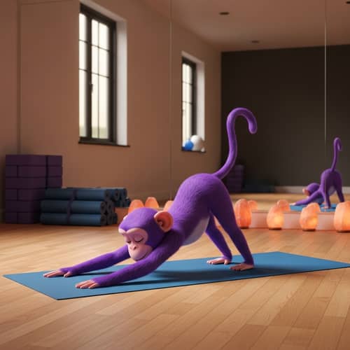 Animated Purple Monkey Yoga in Well-lit Studio