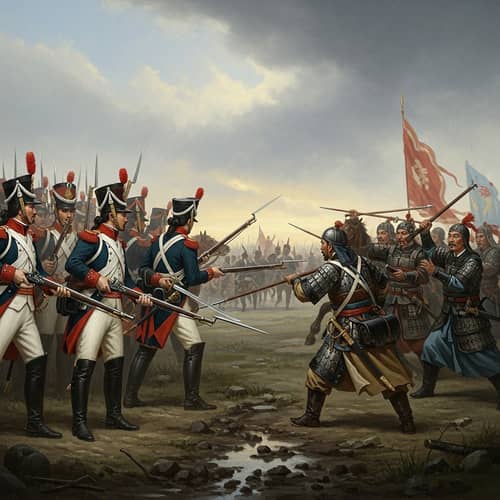 18th Century Russian vs Chinese Soldier Battle Scene in Victorian Era Style
