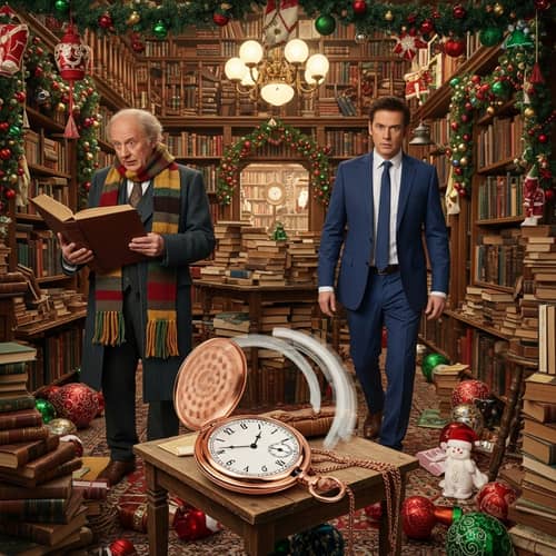 Christmas Crossover Scene in Quirky Bookstore Setting