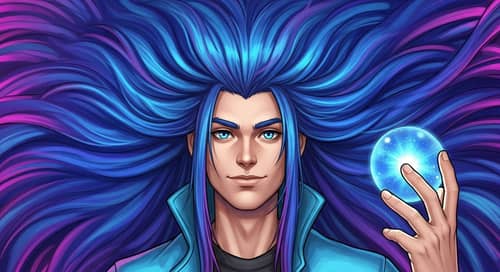 Young Man with Vibrant Blue and Purple Hair - Cosmic Power Archetype