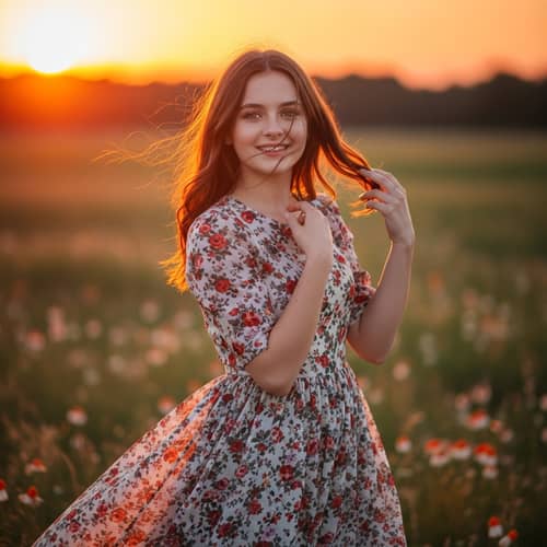 Graceful Beauty: Auburn-Haired Girl in Elegant Floral Dress