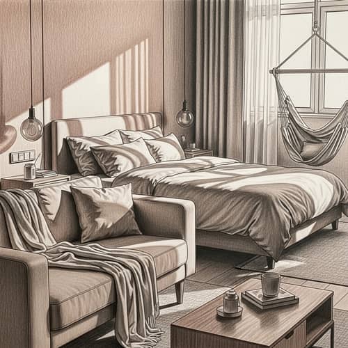 Intimate Bedroom Scene with Cozy Bed, Comforting Couch, Relaxing Hammock