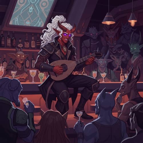 Tiefling Bar Musician with Purple Eyes in Coruscant Bar