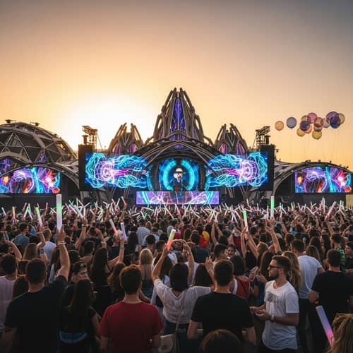 Futuristic Music Festival with Dance and Spectacular Lighting