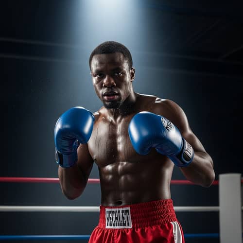 Determined Black Male Boxer | Red Shorts, Blue Gloves