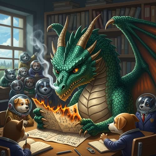 Whimsical Dragon and Space-Dogs Fantasy Scene