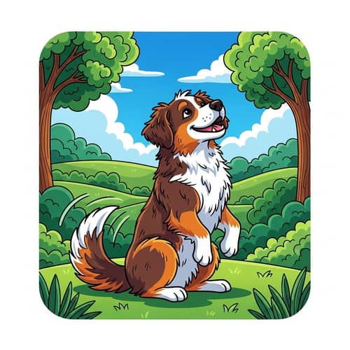 Colorful Playful Mixed Breed Dog Illustration in Lush Green Park