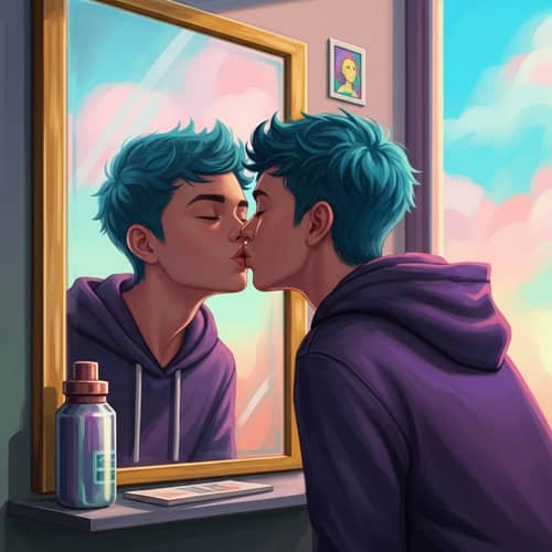 Surreal Digital Painting of Teenage Boy Kissing Own Reflection