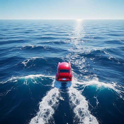 Vintage Red Car Driving Over Blue Sea | Daytime Adventure
