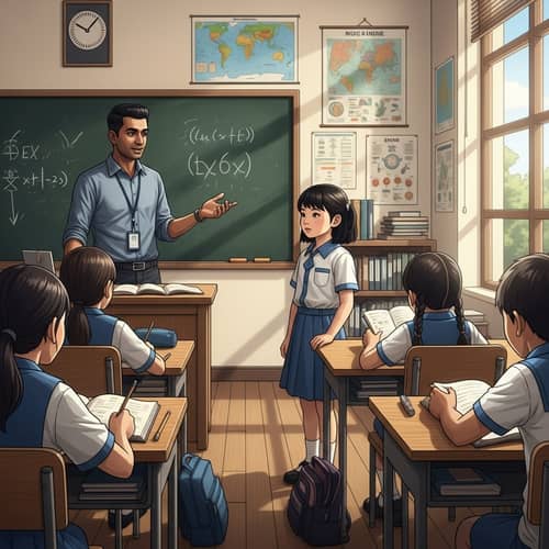 Diverse Classroom Scene with South Asian Male Teacher and East Asian Female Student