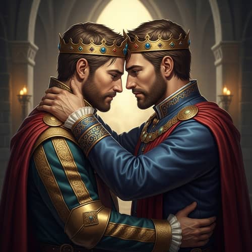 Muscular Caucasian Kings Friendship Embrace | Castle Setting