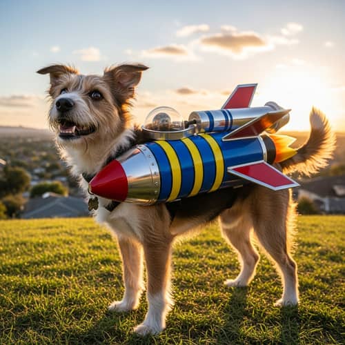Playful Dog with Rocket: Imaginary Journey into Cosmos