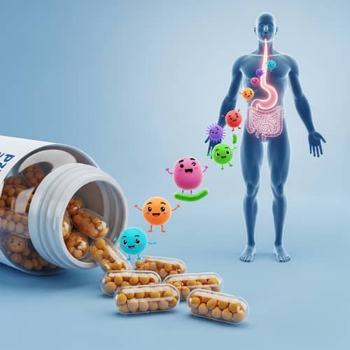 Probiotic Supplements for Gut Health with Friendly Bacteria Characters