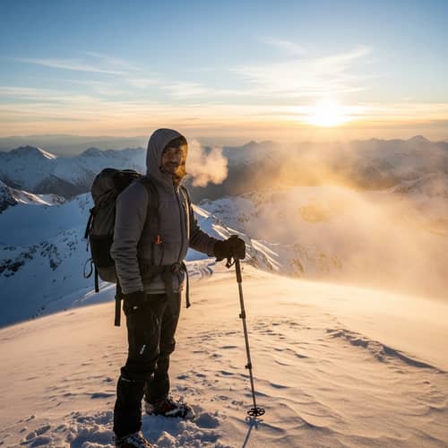 Triumphant South Asian Man Conquers Snowy Mountain Peak