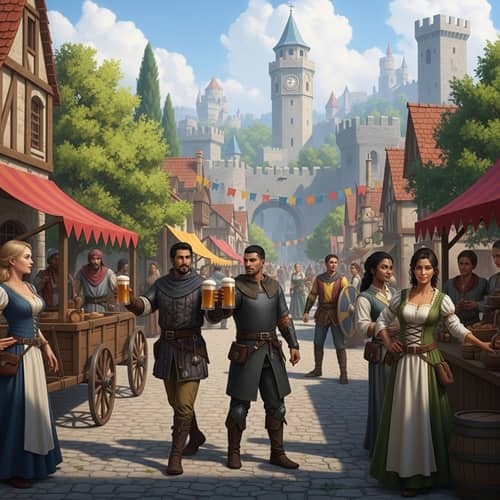 Medieval Era Cityscape with Diverse Characters and Craftsmanship