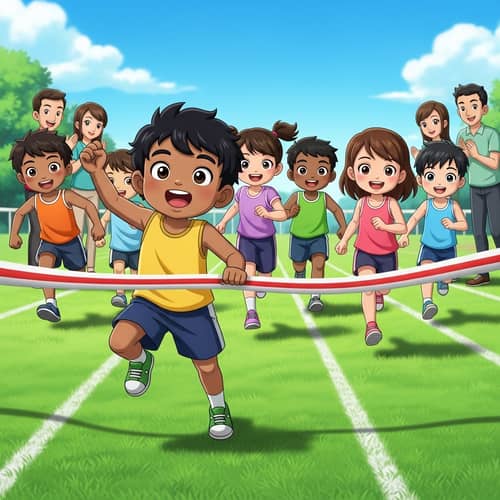 Diverse Kids Foot Race: 5-Year-Old Breaks Winner's Tape