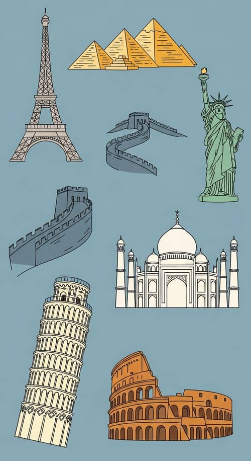 Vector Graphics of Famous Attractions | Minimalist Hand-Painted Illustration