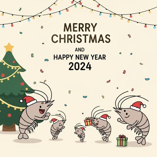Merry Christmas & Happy New Year 2024 Card with Festive Shrimp Family