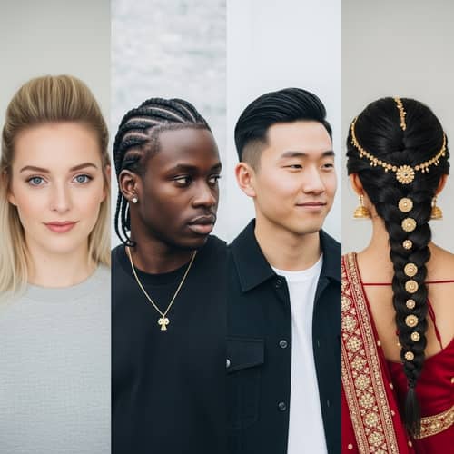 Global Hair Diversity: Blonde Ponytail, Cornrow Braids, Sleek Undercut, Traditional Braid