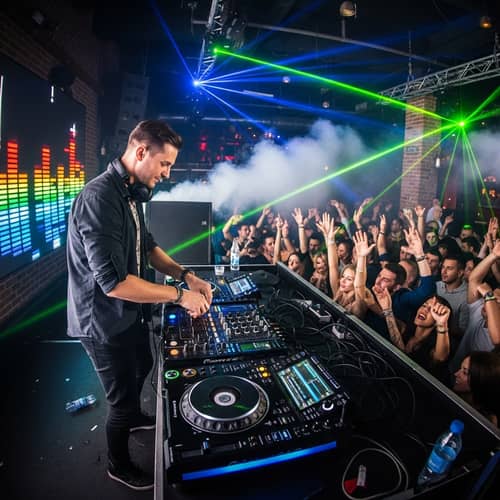 Professional DJ Mixing Tracks in Vibrant Nightclub