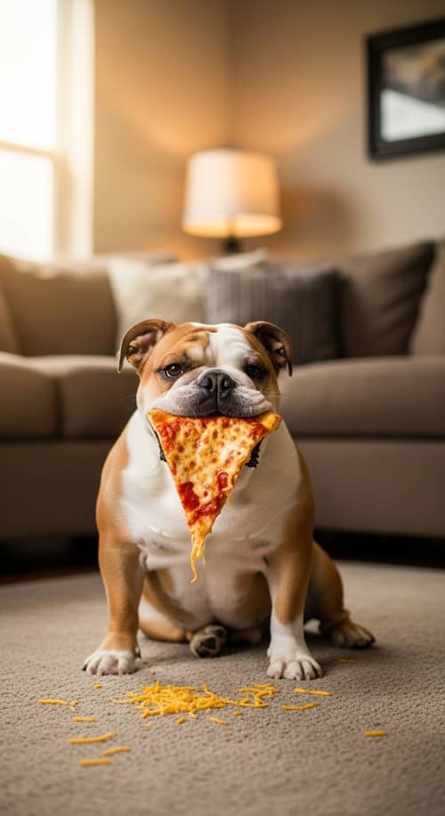 Playful Bulldog Enjoying Pizza in Cozy Living Room