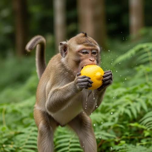 Playful Monkey Enjoying Juicy Lemon in Lush Jungle