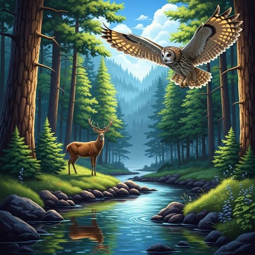 Forest Wildlife Interaction: Deer, Owl, and Stream