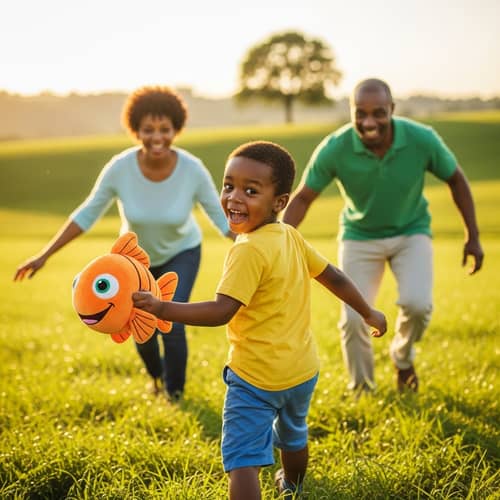 Joyful African Child Running with Cartoon Fish
