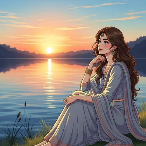 Tranquil South Asian Woman by Glassy Lake at Sunset