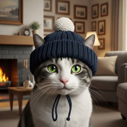 Curious Cat with Cap in Cozy Living Room Setting