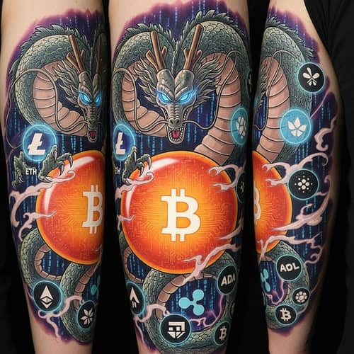 Bitcoin Dragon Ball Tattoo with Cryptocurrency Background