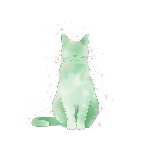 Contemporary Cat Art: Light Green & Pink Watercolor Sparkle Design