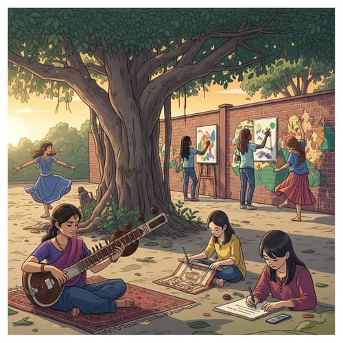Diverse Girls Showcase Artistic Talents Under Banyan Tree