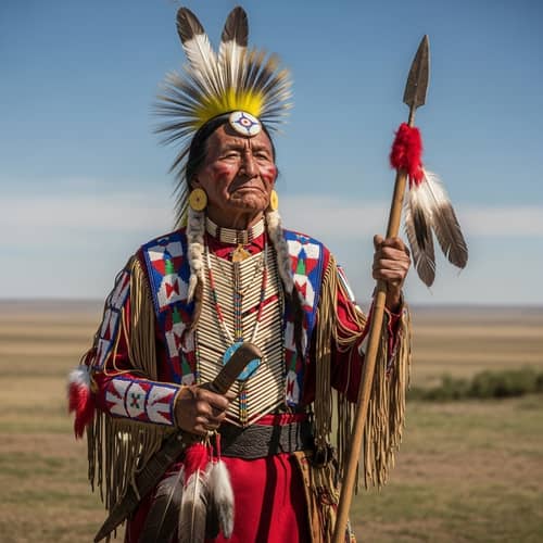 Proud Elderly Native American Warrior in Traditional Attire