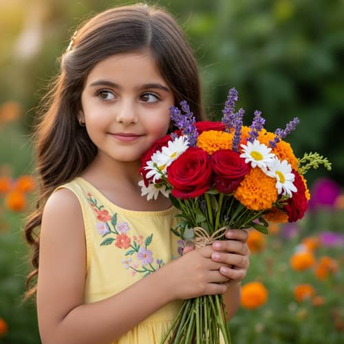 Young Girl with Arabic Features Holding Flowers