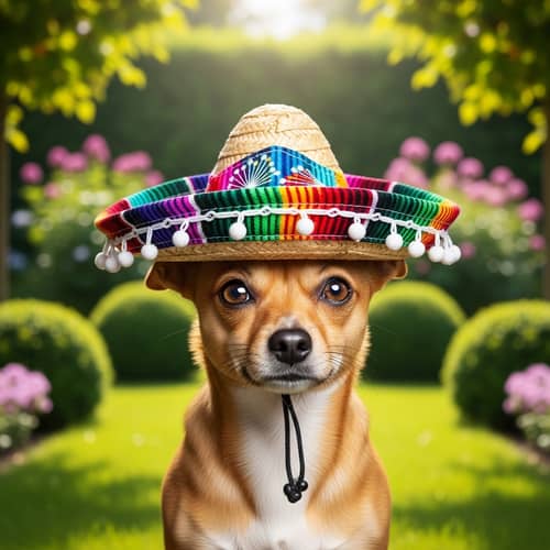 Colorful Sombrero-Wearing Dog in Lush Garden
