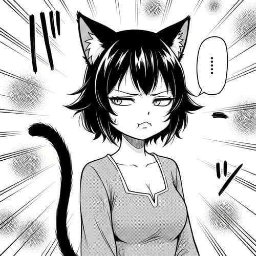 Black and White Manga Drawing of Catgirl with Black Hair and Pouty Expression