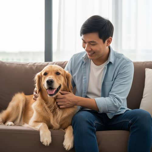 Warmth and Companionship: Golden Retriever and Owner on Plush Couch