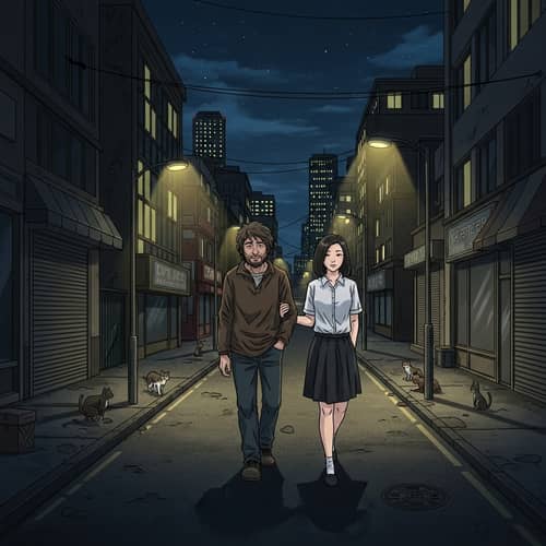 Late-Night Serenity: Homeless Man & Korean Girlfriend Out at Midnight