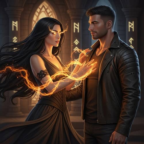 Supernatural Woman with Healing Fire Abilities and Tall Man in Leather Jacket