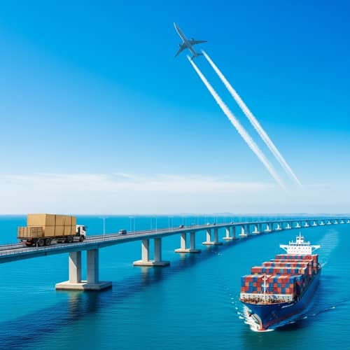 Global Logistics: Bridge, truck, airplane, and cargo ship in vibrant scene