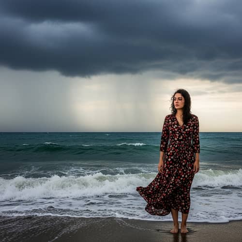 Middle-Eastern Woman Contemplating Stormy Sea