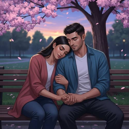 Tranquil Romantic Couple Under Cherry Blossom Tree