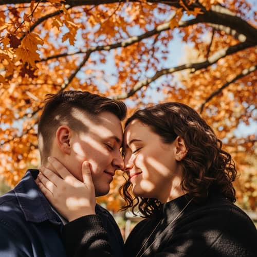 Romantic Couple Embracing Under Autumn Tree | Love Image