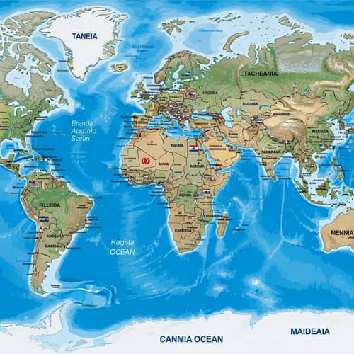 Detailed World Map with Continents, Flags, Rivers, and Land Features
