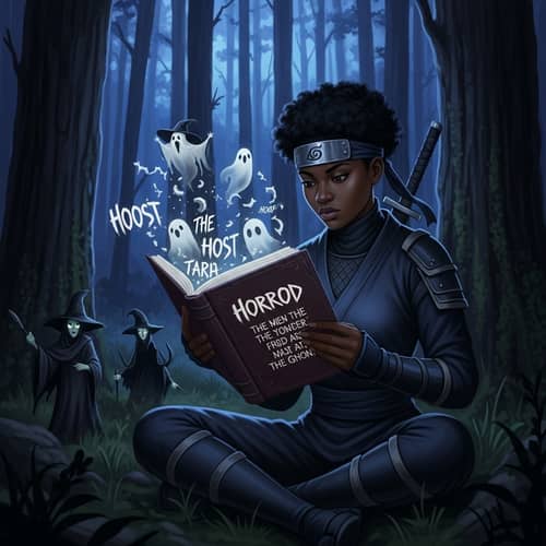 Enchanting Twilight Encounter: Ninja Woman Reads Haunting Book in Forest
