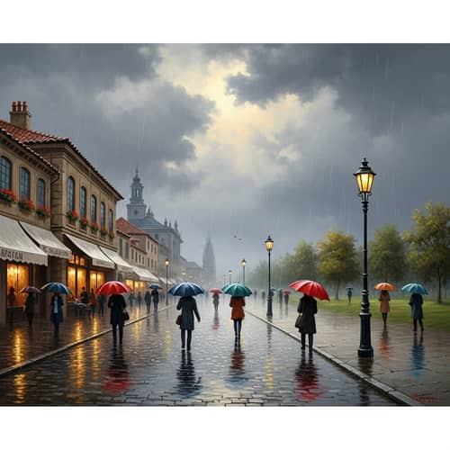 Rainy Afternoon Serenity: Tranquil Landscape Painting