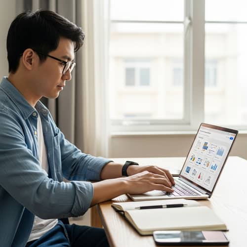 Tech-Savvy Asian Man Crafting Detailed Evaluation with Advanced AI Tools