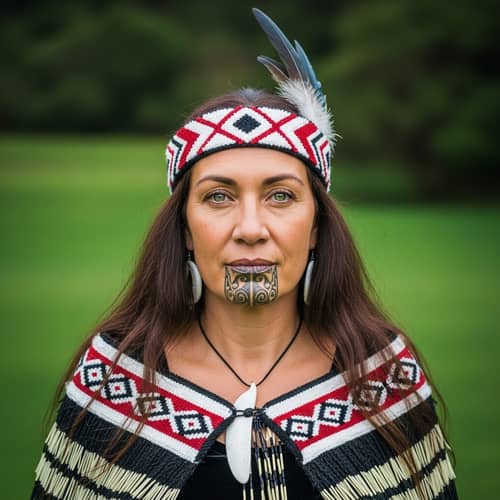 Serene Maori Woman in Vibrant Green Landscape | Distinct Maori Attire
